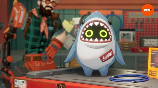 Sharkboo, one of the ZZZ Bangboo, stands on the counter of the Remodeling shop.