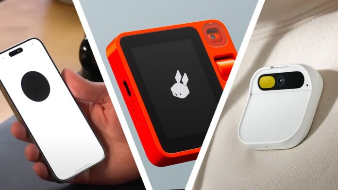 A hand holding a phone running the ChatGPT app, the Rabbit R1 on a grey background, and a Humane AI Pin on someone