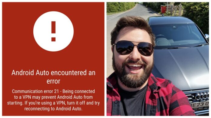 Andreas Theodorou with his car next to an Android Auto VPN detection error
