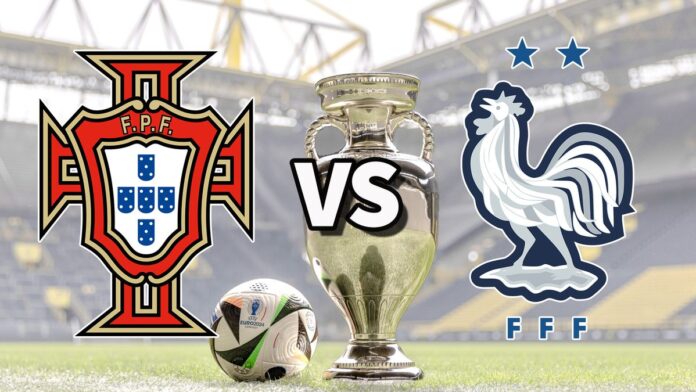 The Portugal and France club badges on top of a photo of the Euro 2024 trophy and match ball