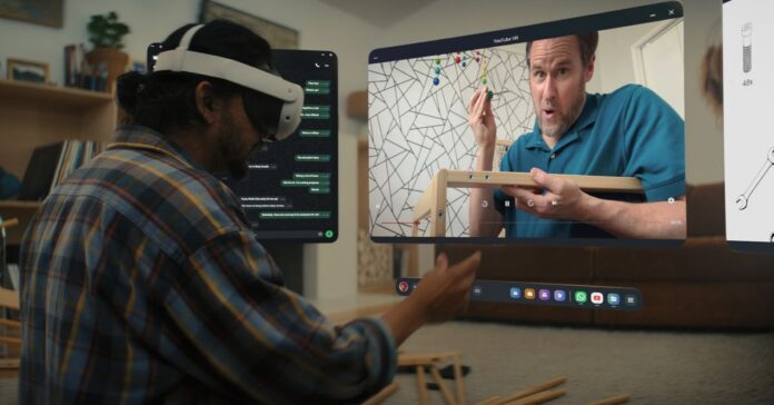 Someone managing virtual windows while wearing a Meta Quest headset